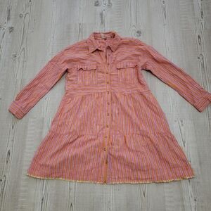 Pilcro Deanne Tiered Long Sleeve Pink and Orange Striped Mini Shirt Dress